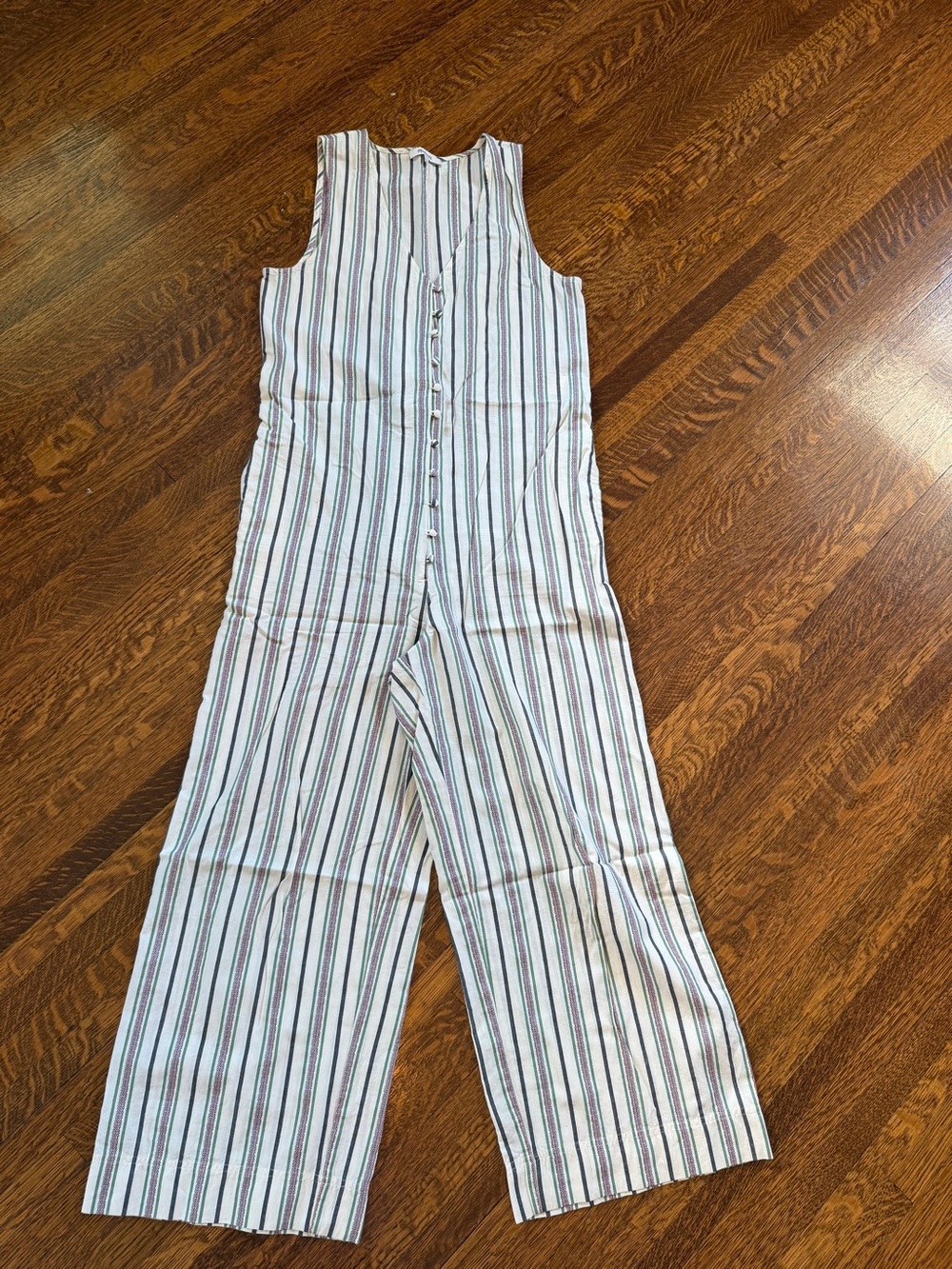 Madewell Sleeveless Button-Front Striped Jumpsuit in White and Navy